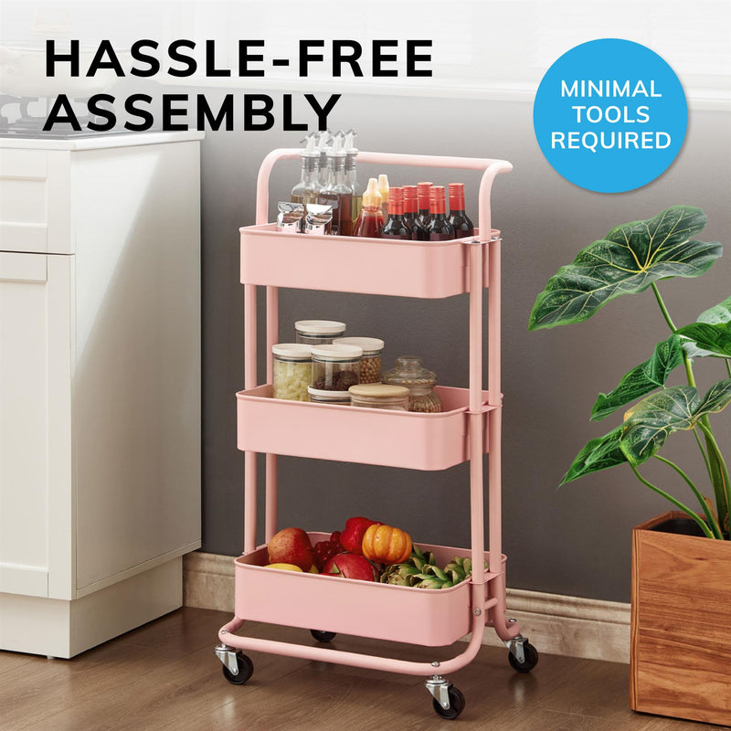 3‑Tier Pink Storage Trolley on Wheels – Versatile Organiser for Kitchen, Bathroom, Office or Bedroom