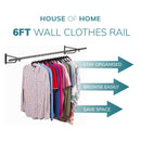 6ft Wall Mounted Clothes Rail – Black Powder Coated Steel Hanging Rack with Brackets and Fixings