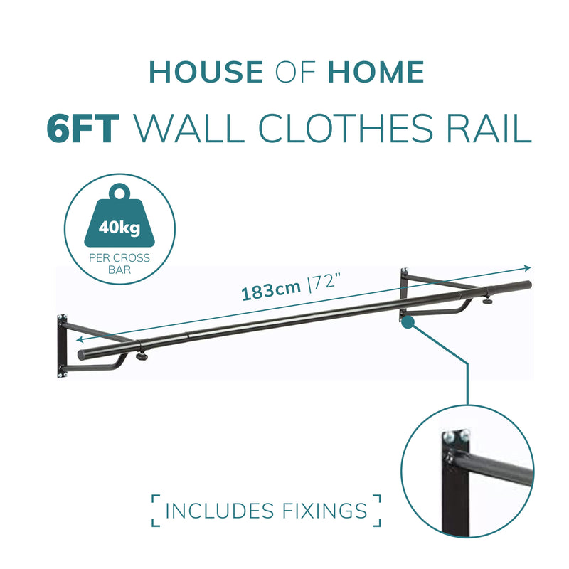 6ft Wall Mounted Clothes Rail – Black Powder Coated Steel Hanging Rack with Brackets and Fixings
