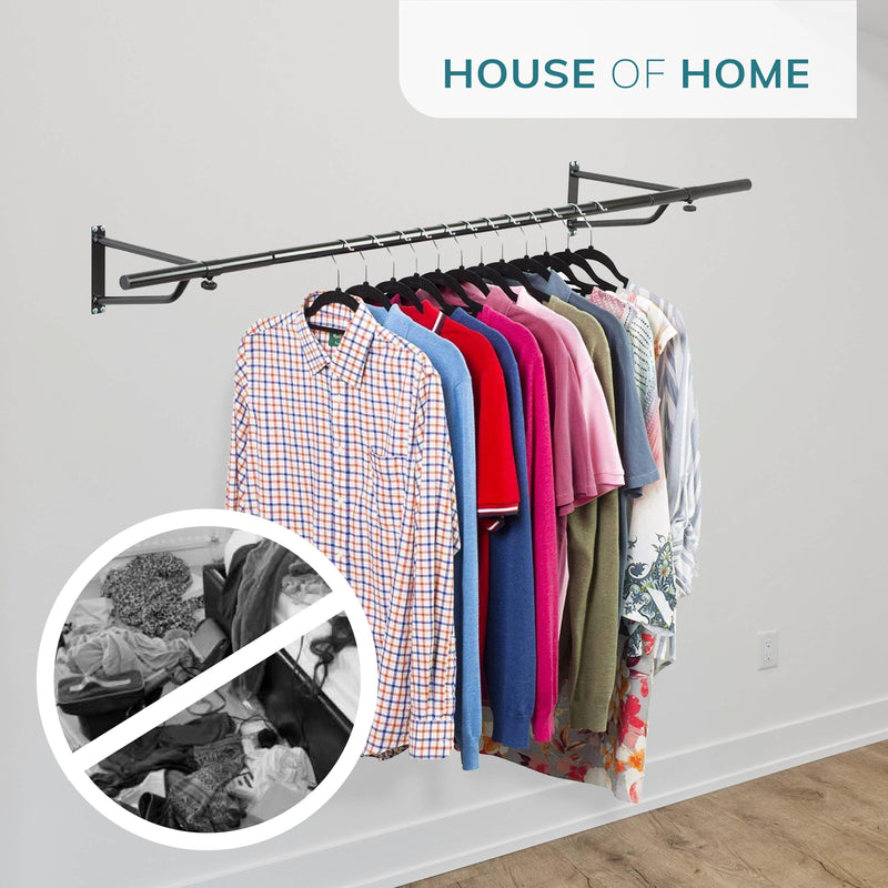 6ft Wall Mounted Clothes Rail – Black Powder Coated Steel Hanging Rack with Brackets and Fixings