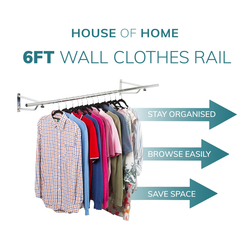 6ft Wall Mounted Clothes Rail – Chrome Finish Steel Hanging Rack with Brackets and Fixings