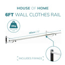 6ft Wall Mounted Clothes Rail – Chrome Finish Steel Hanging Rack with Brackets and Fixings