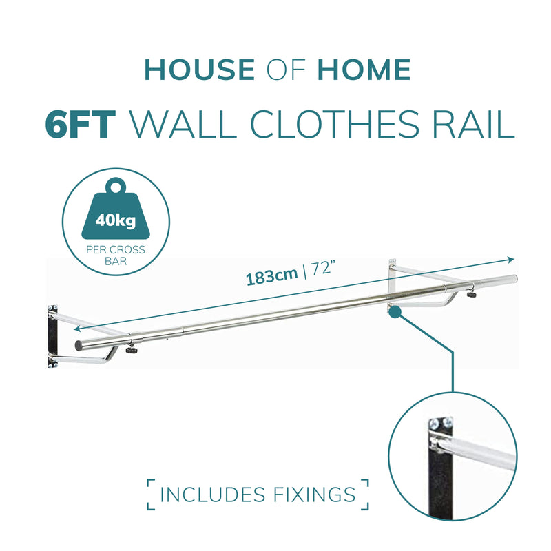 6ft Wall Mounted Clothes Rail – Chrome Finish Steel Hanging Rack with Brackets and Fixings