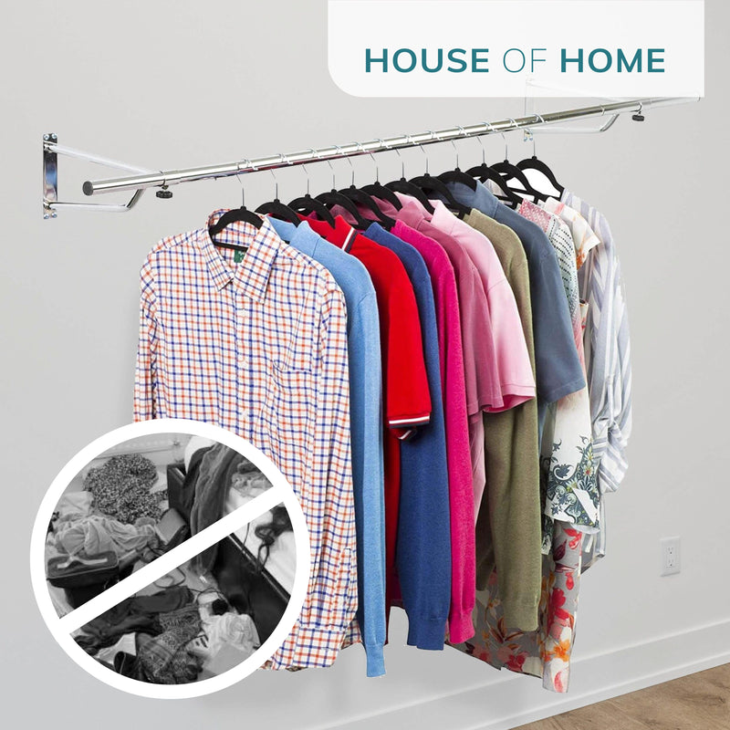 6ft Wall Mounted Clothes Rail – Chrome Finish Steel Hanging Rack with Brackets and Fixings