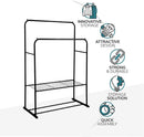 Black Double Clothes Rail with 2 Shelves – Heavy Duty Metal Frame with Adjustable Feet