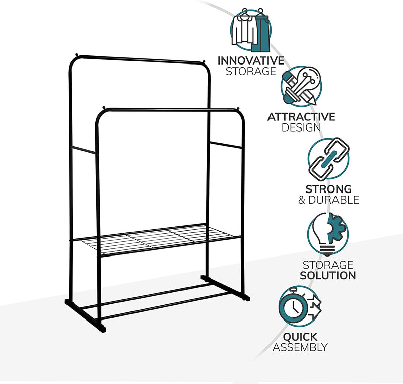 Black Double Clothes Rail with 2 Shelves – Heavy Duty Metal Frame with Adjustable Feet