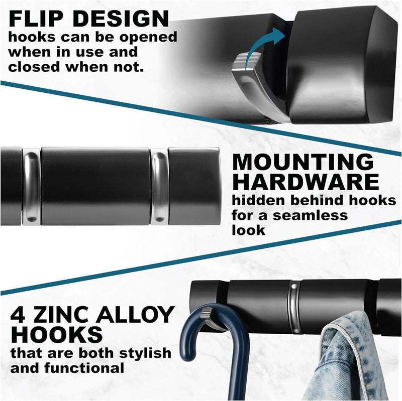 Wall Mounted Door Hook Rack – 4 Black Nickel Hooks on Black Wooden Board