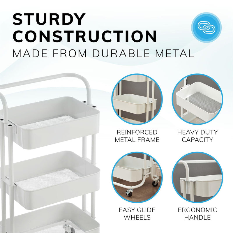 3‑Tier White Storage Trolley on Wheels – Versatile Organiser for Kitchen, Bathroom, Office or Bedroom
