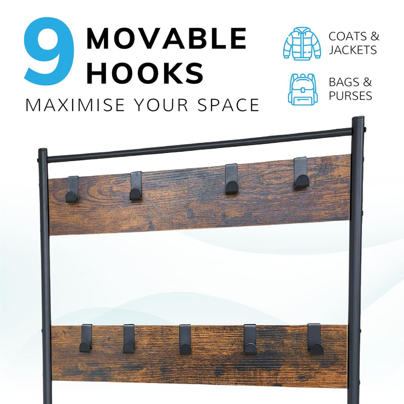 Multi-Function Coat Stand with Black Frame & Rustic Brown Wood – Hallway Entrance