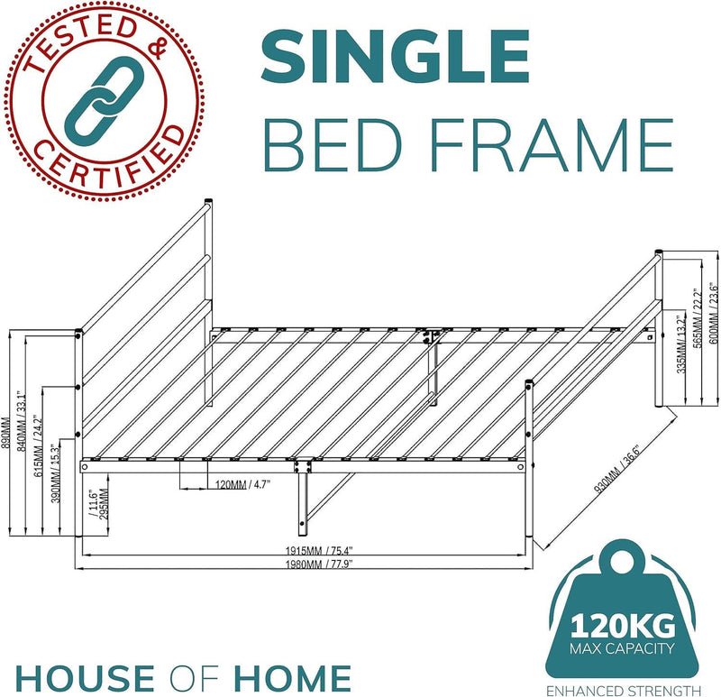 Single Metal Bed Frame with Rounded Headboard - Easy Assembly Bed Base, Under Bed Storage with Sturdy Tube Slats & Center Support Legs - 6.5ft x 3ft