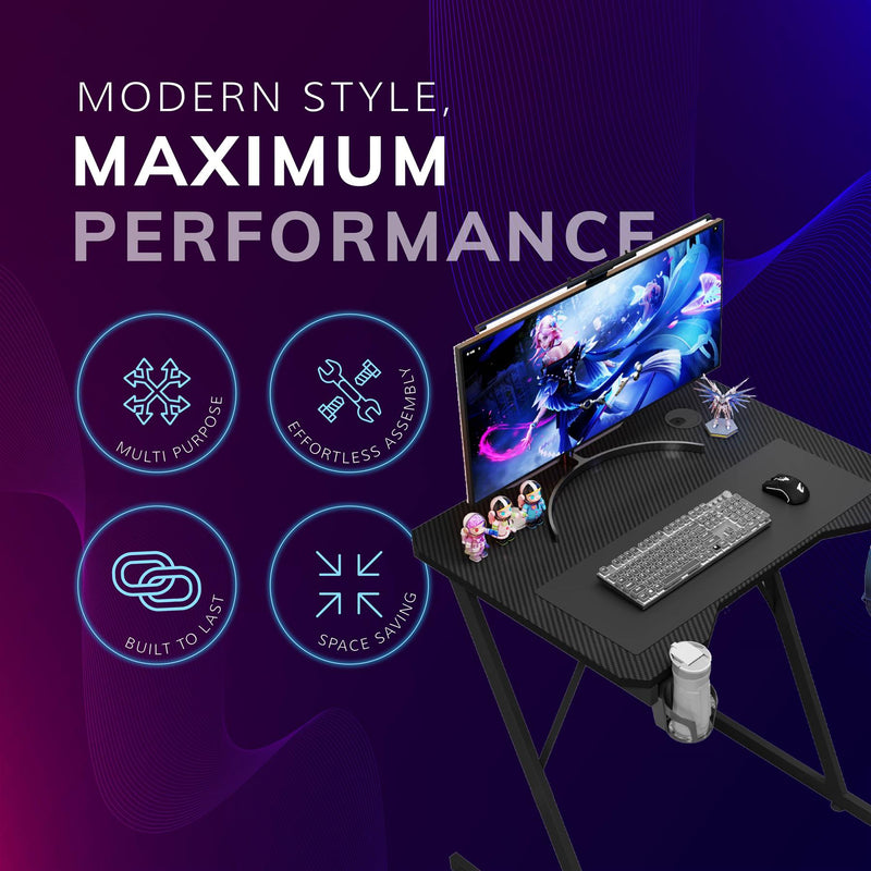 Gaming Desk Carbon Fibre Finish Black 80cm Cup Holder, Headphone Hook