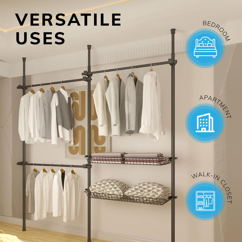 Adjustable Double Telescopic Clothes Rail with Storage Baskets & Shelving – Black