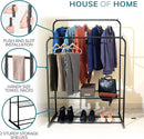 Black Double Clothes Rail with 2 Shelves – Heavy Duty Metal Frame with Adjustable Feet