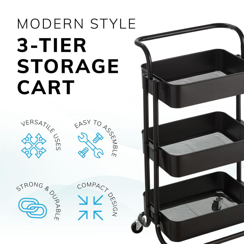 3‑Tier Black Storage Trolley on Wheels – Versatile Organiser for Kitchen, Bathroom, Office or Bedroom