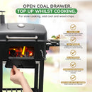 XL BBQ Smoker Grill Folding Tables, Thermometer, Adjustable Charcoal Pan With Chimney