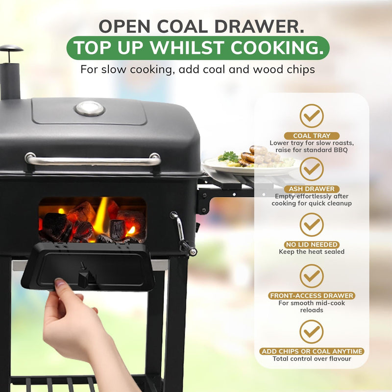 XL BBQ Smoker Grill Folding Tables, Thermometer, Adjustable Charcoal Pan With Chimney