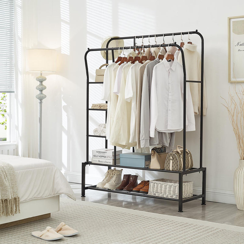 Double Hanging Clothes Rail with Shelves & Shoe Storage – Black Metal, 6 Shelves