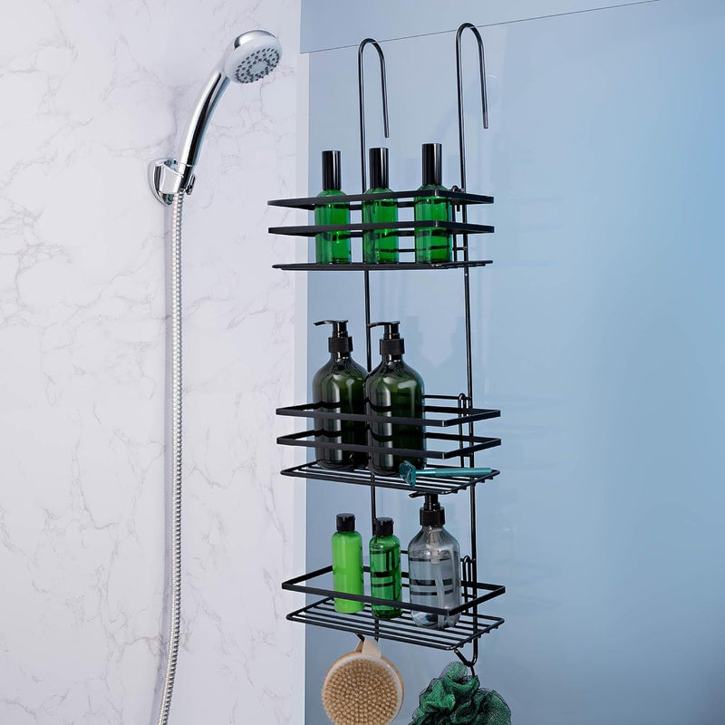3-Tier Non-Rust Hanging Shower Caddy – Black Bathroom Organiser Rack for Shower Screen or Door