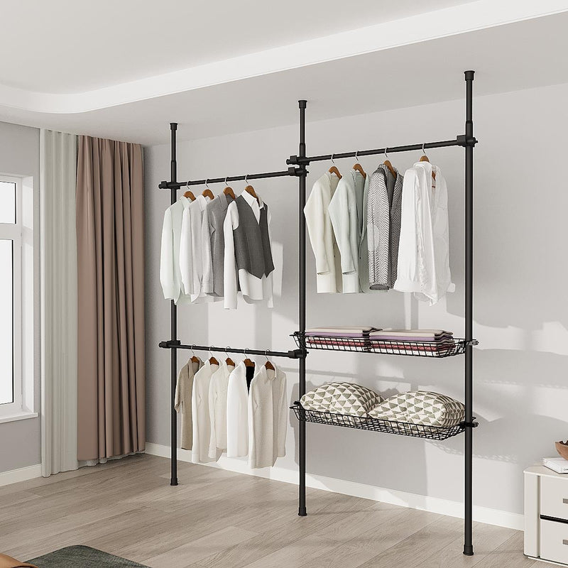 Adjustable Double Telescopic Clothes Rail with Storage Baskets & Shelving – Black