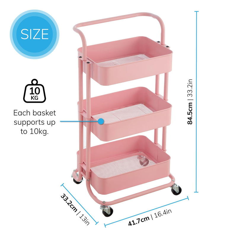 3‑Tier Pink Storage Trolley on Wheels – Versatile Organiser for Kitchen, Bathroom, Office or Bedroom