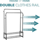 Freestanding Double Clothes Rail with 2 Shoe Racks & 4 Side Hooks – Black Steel