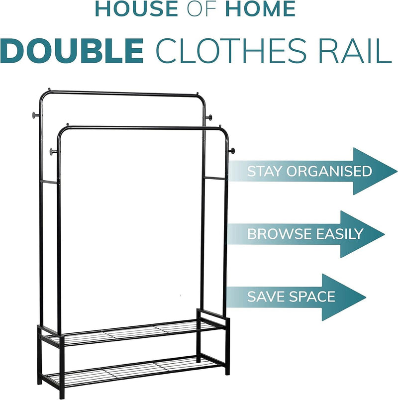 Freestanding Double Clothes Rail with 2 Shoe Racks & 4 Side Hooks – Black Steel