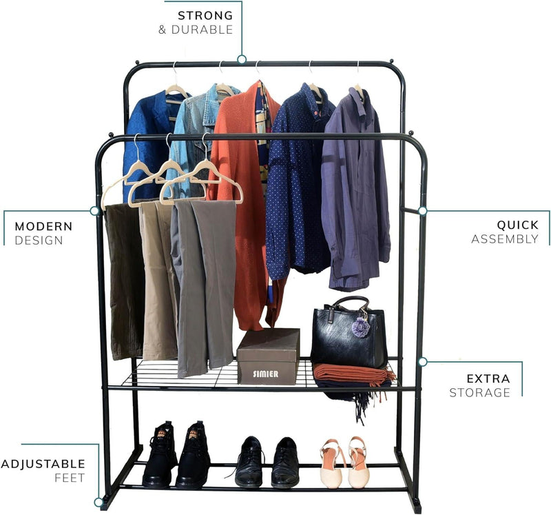 Black Double Clothes Rail with 2 Shelves – Heavy Duty Metal Frame with Adjustable Feet