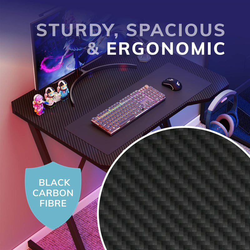 Gaming Desk Carbon Fibre Finish Black 80cm Cup Holder, Headphone Hook