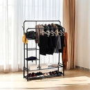 Freestanding Double Clothes Rail with 2 Shoe Racks & 4 Shelves – Black Steel Frame
