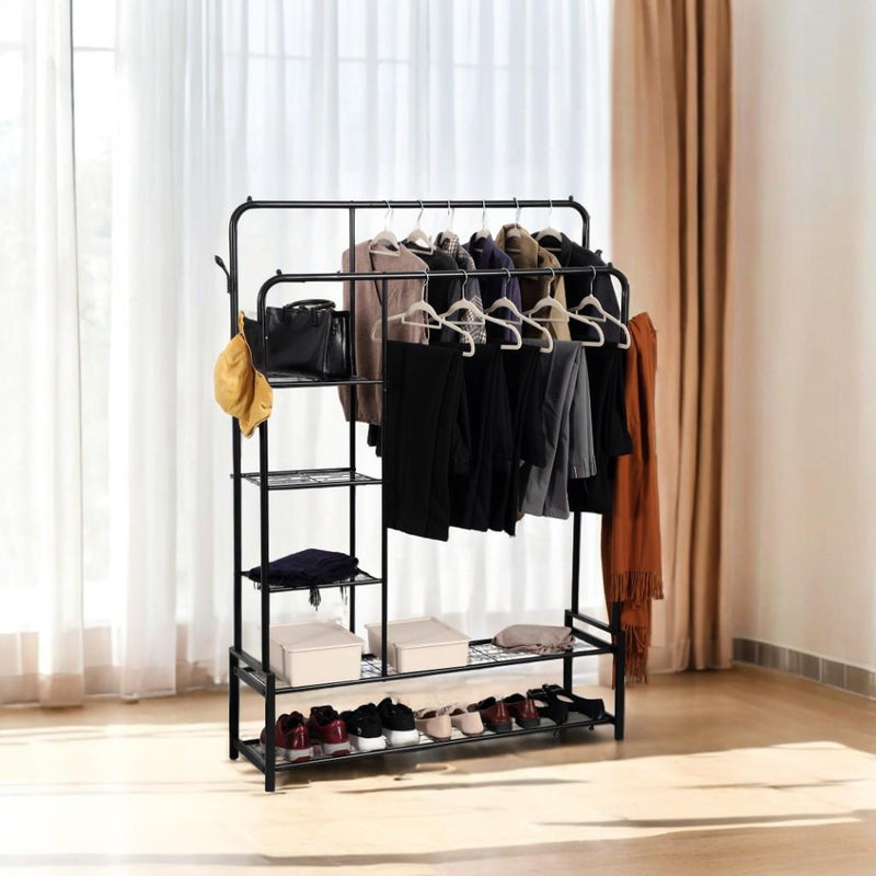 Freestanding Double Clothes Rail with 2 Shoe Racks & 4 Shelves – Black Steel Frame