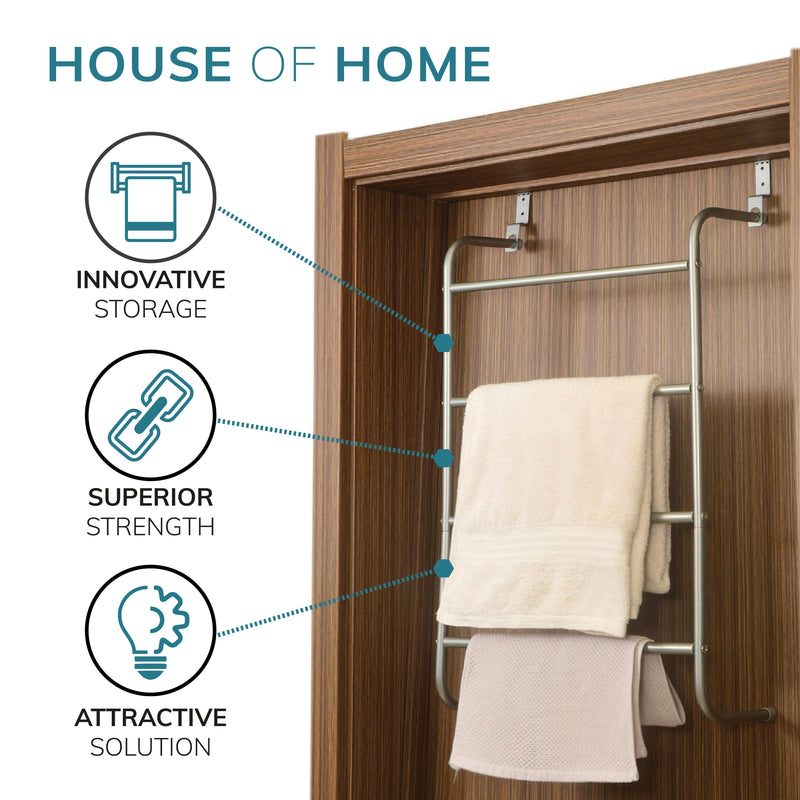 4 Tier Over Door Towel Rail in Silver – Clothes Hanging Rack with Non-Slip Feet