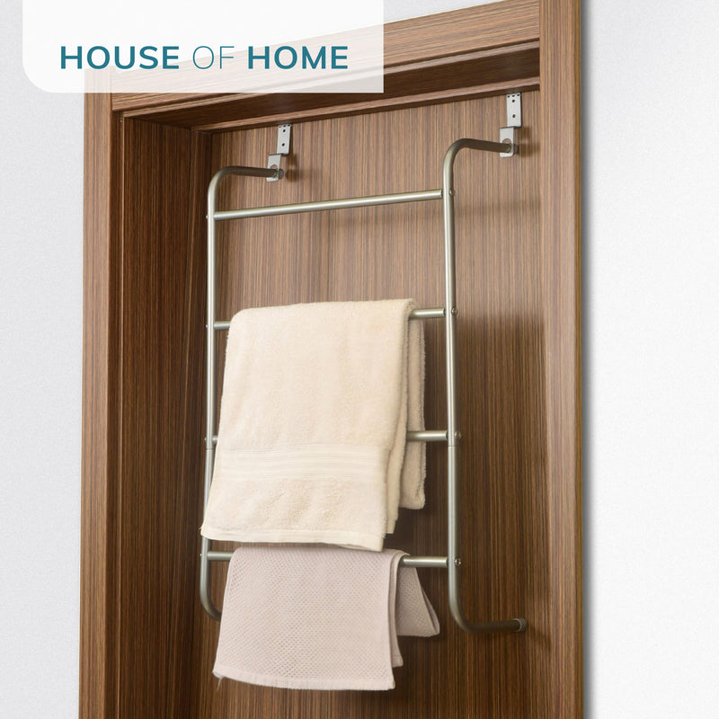 4 Tier Over Door Towel Rail in Silver – Clothes Hanging Rack with Non-Slip Feet
