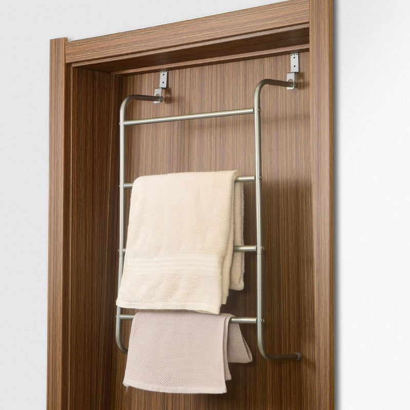 4 Tier Over Door Towel Rail in Silver – Clothes Hanging Rack with Non-Slip Feet