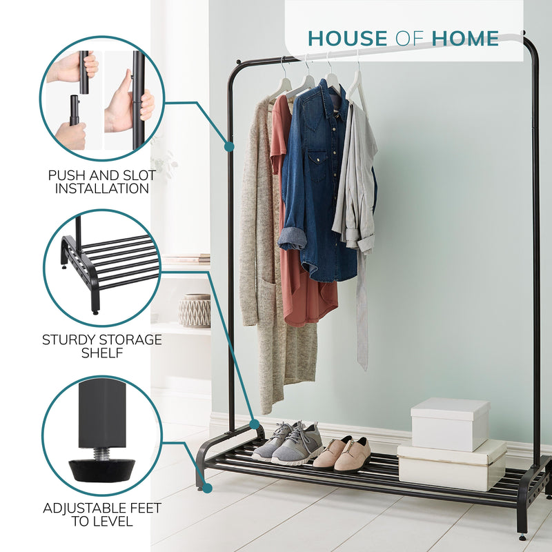 Garment Rack Clothes Rail Stand with Shoe Shelf – Adjustable Feet and Anti-Slip Bar Ends