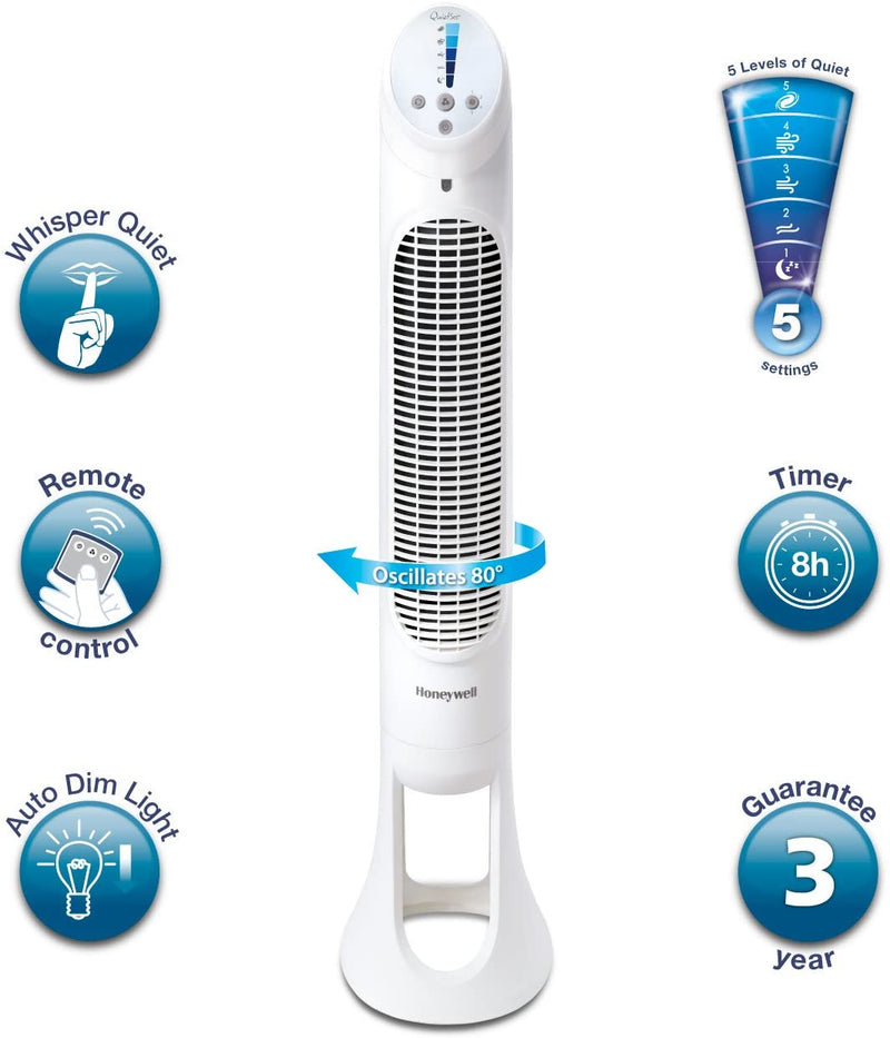 Honeywell QuietSet Tower Fan with Remote Control, White HYF260E [Energy Class A++]