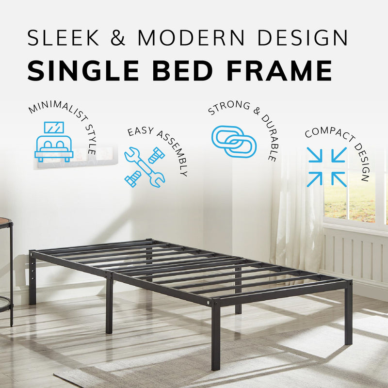 Single Metal Bed Frame – Durable Black Powder Coating, 198 x 91 x 40 cm