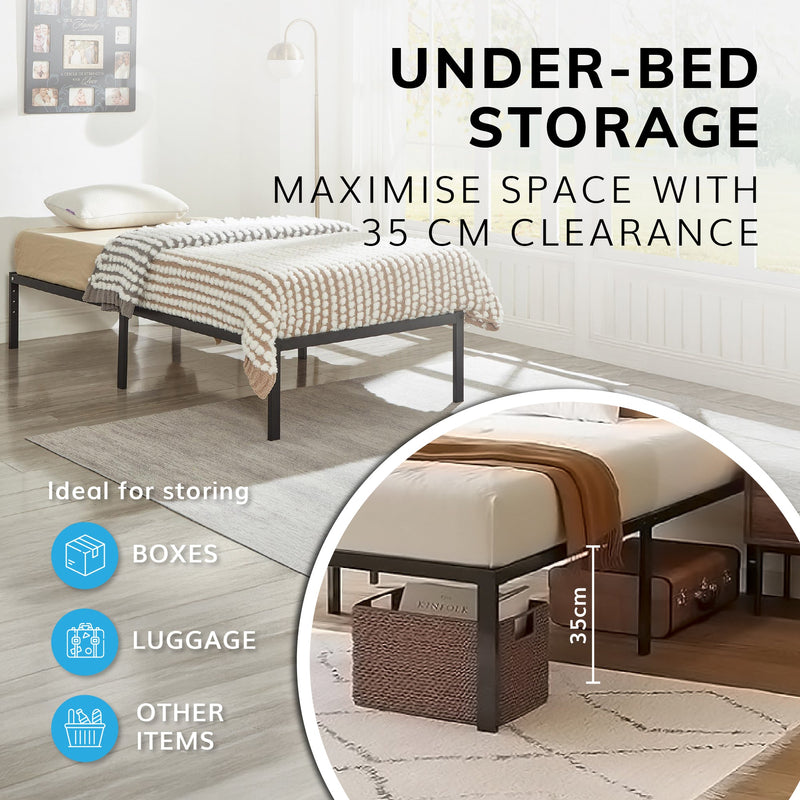 Single Metal Bed Frame – Durable Black Powder Coating, 198 x 91 x 40 cm