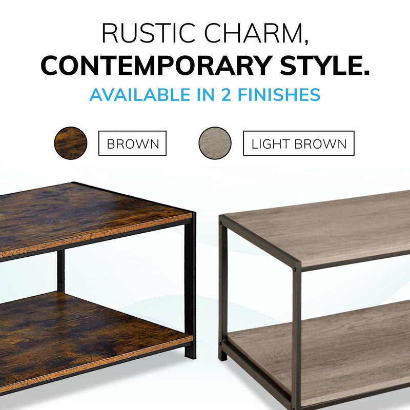 Rustic Brown 2-Tier Coffee Table 100cm – Living Room Table with Metal Frame & Shelf