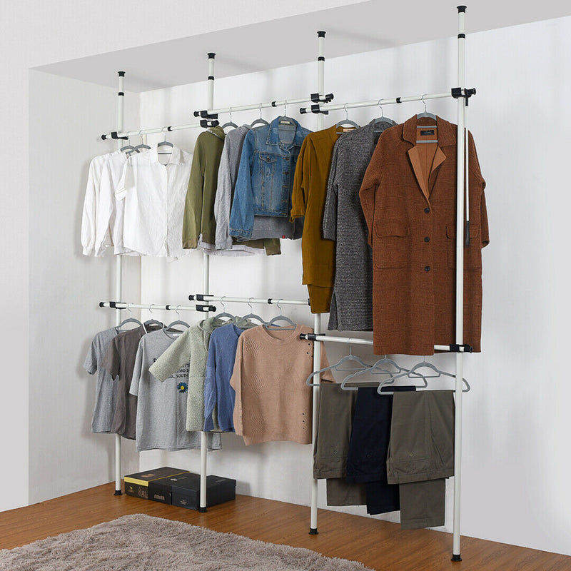 Floor to Ceiling Triple Telescopic Wardrobe Organiser – 2 Tier Hanging Clothes Rack