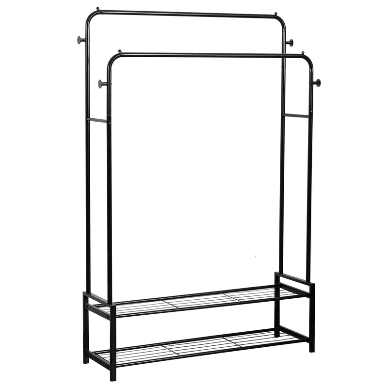Freestanding Double Clothes Rail with 2 Shoe Racks & 4 Side Hooks – Black Steel