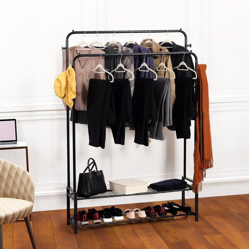 Freestanding Double Clothes Rail with 2 Shoe Racks & 4 Side Hooks – Black Steel