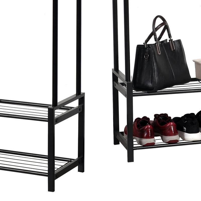 Freestanding Double Clothes Rail with 2 Shoe Racks & 4 Side Hooks – Black Steel