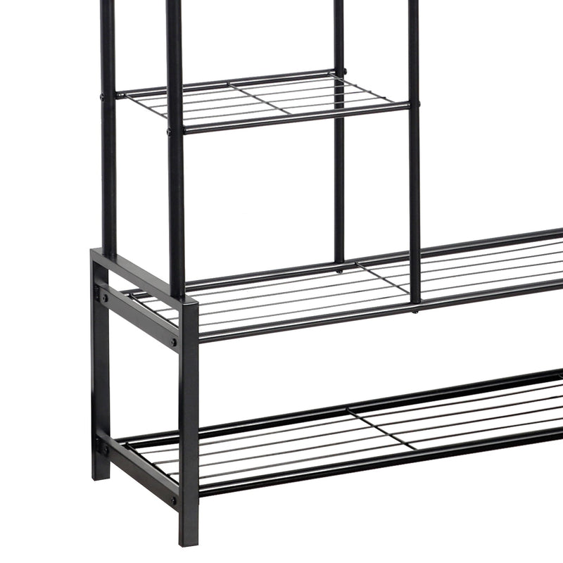 Freestanding Double Clothes Rail with 2 Shoe Racks & 4 Shelves – Black Steel Frame