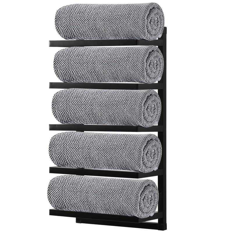 Wall Mounted Towel Holder – 5 Rail Black Bathroom Storage Rack