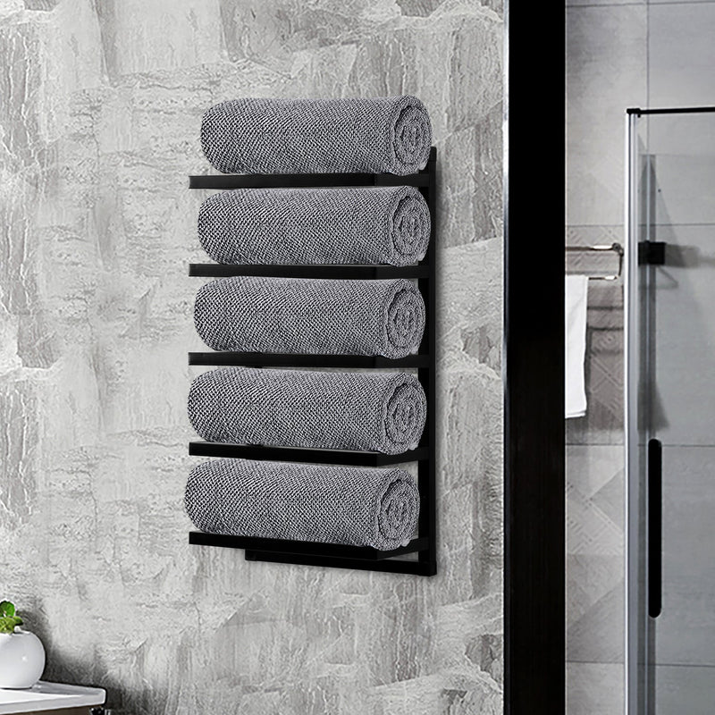 Wall Mounted Towel Holder – 5 Rail Black Bathroom Storage Rack