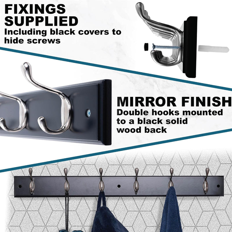 Black Wooden Coat Rack – 6 Double Hooks, Wall or Door Mountable