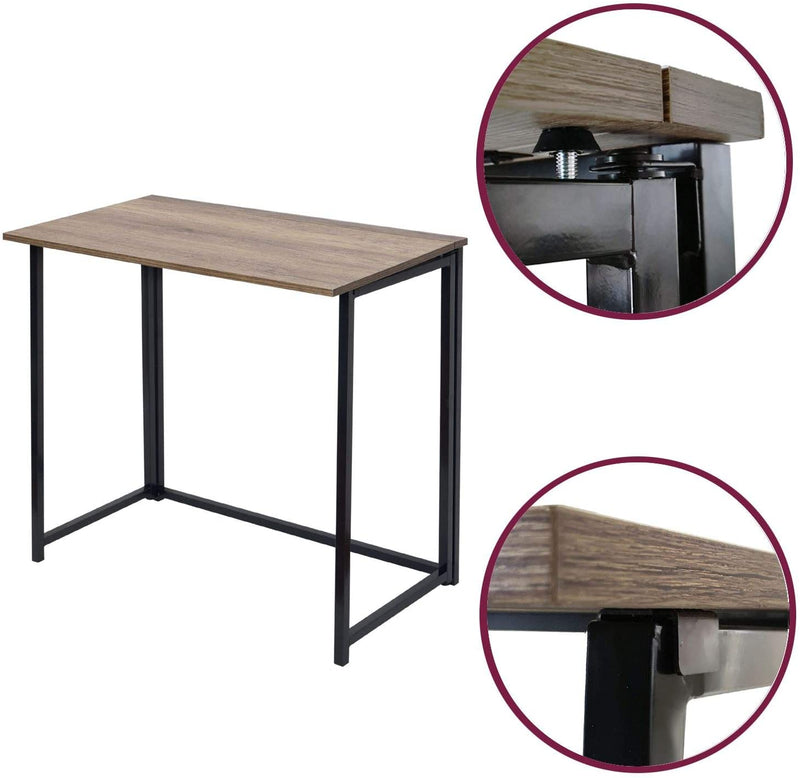 Folding Brown Wood Grain Desk Table with Black Frame – 80 x 45 x 74 cm