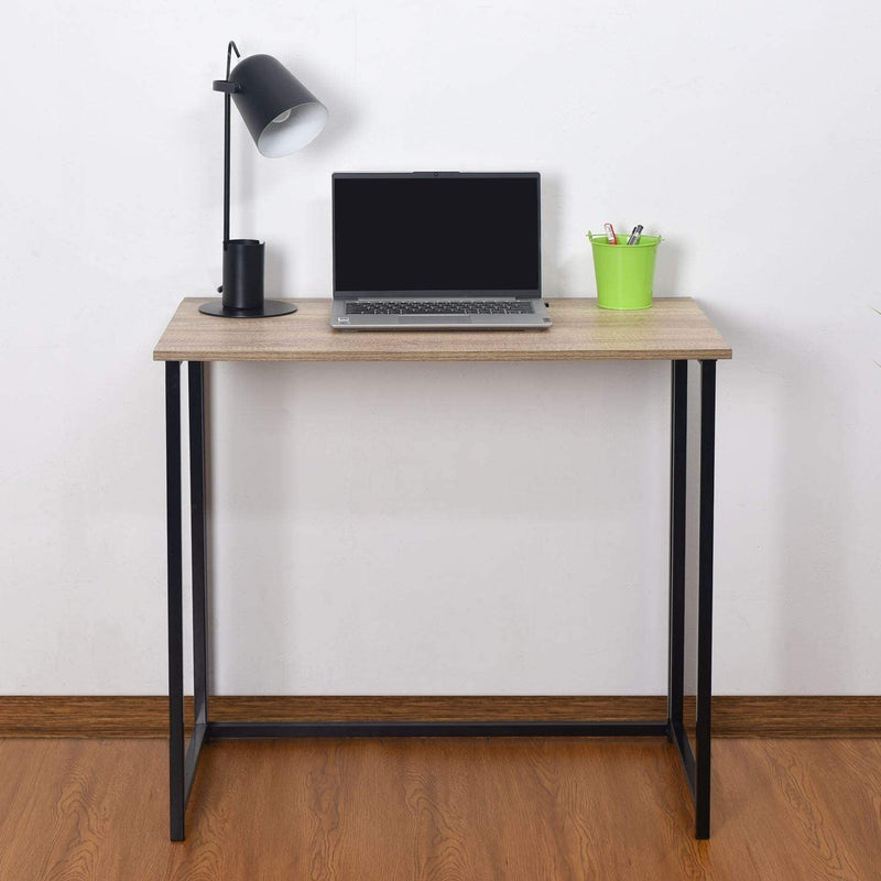 Folding Brown Wood Grain Desk Table with Black Frame – 80 x 45 x 74 cm