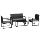 Stylish Black Frame Rattan Garden Furniture Set – 4-Piece Outdoor Furniture Collection with Double Chair, 2 Single Chairs, Glass Coffee Table