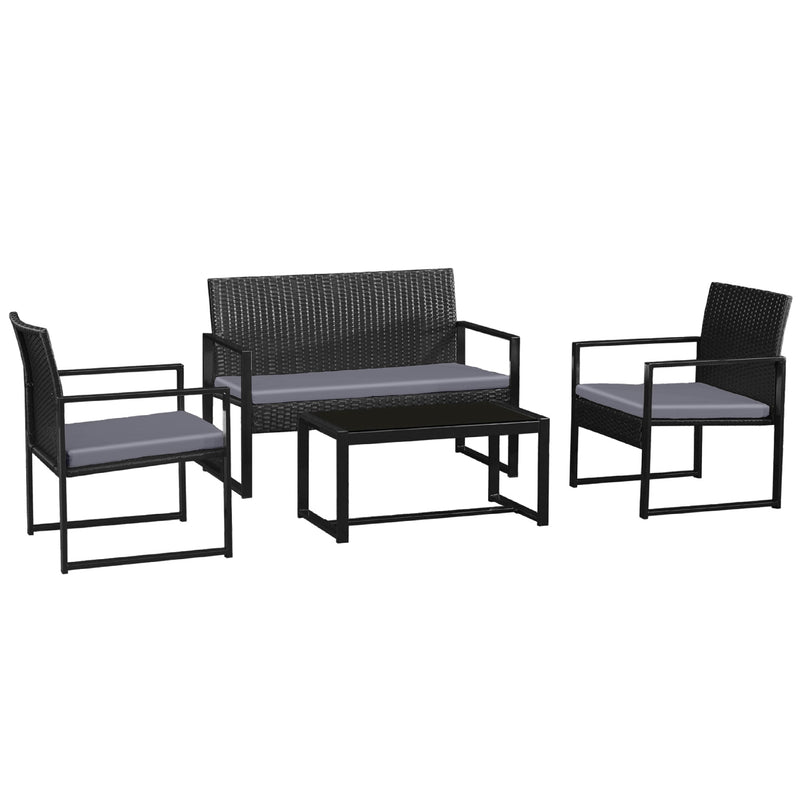 Stylish Black Frame Rattan Garden Furniture Set – 4-Piece Outdoor Furniture Collection with Double Chair, 2 Single Chairs, Glass Coffee Table